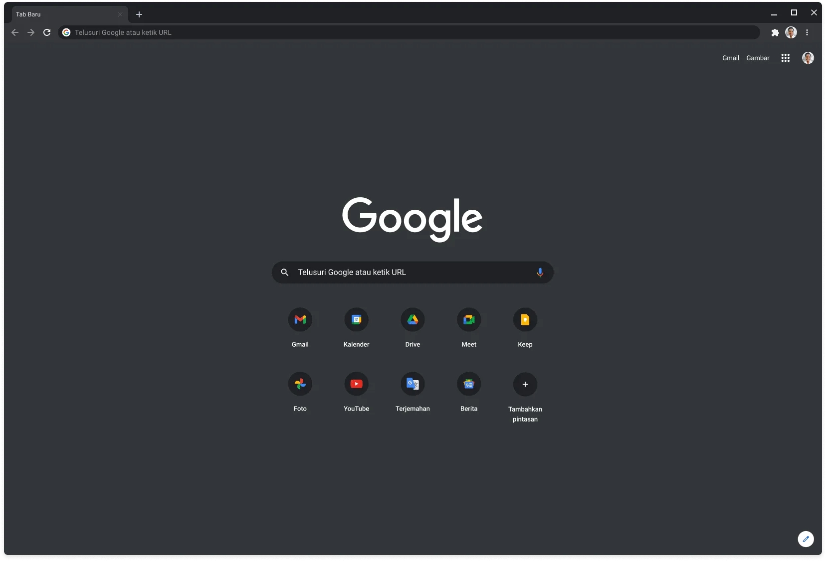 Jendela browser Chrome dalam mode gelap menampilkan Google.com.