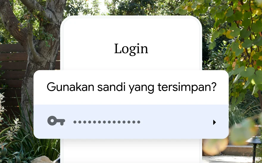 Halaman login reservasi perjalanan meminta izin menggunakan sandi yang disimpan. Latar belakang menampilkan pemandangan alam.