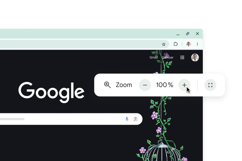 Halaman beranda Google dan pop-up dengan Zoom yang disetel ke 100%