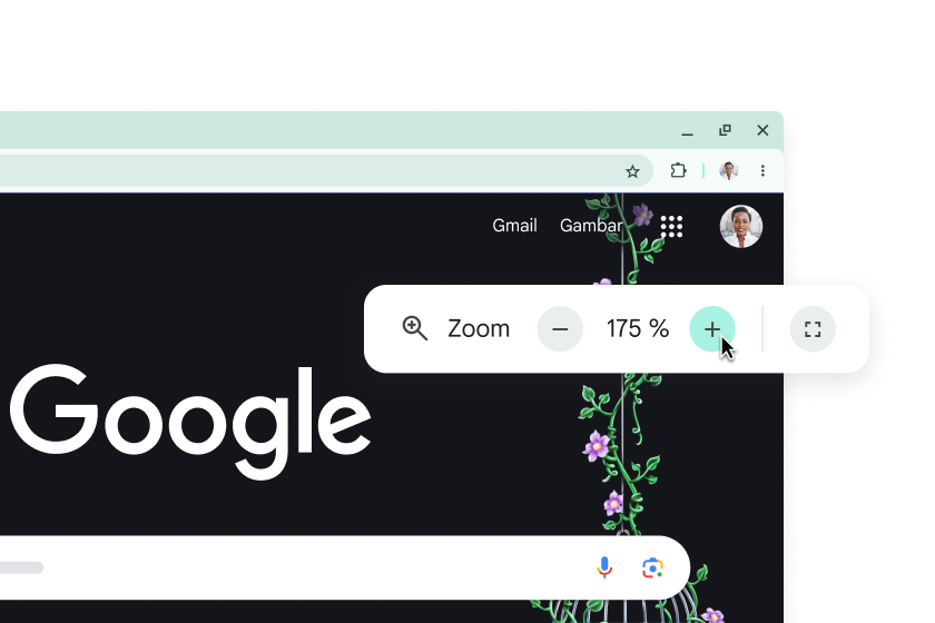 Halaman beranda Google dengan elemen yang diperbesar dan pop-up dengan Zoom yang disetel ke 175%