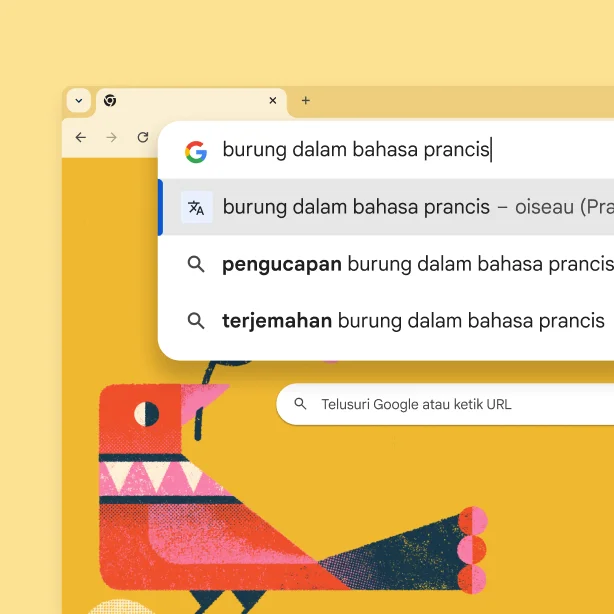 Halaman penelusuran Google dengan gambar burung dan penelusuran untuk “Burung dalam bahasa Prancis” dengan hasil “oiseau”